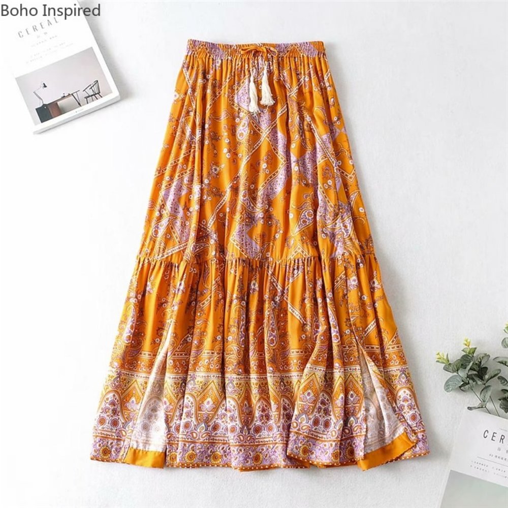 Boho Gypsy Floral Print Maxi Skirt mustard ruffle - Picture 3 of 5